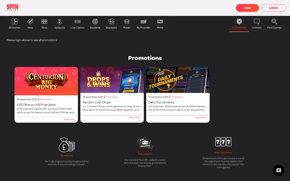 Spin Casino promotions page showing the £100 bonus plus 100 free spins welcome offer