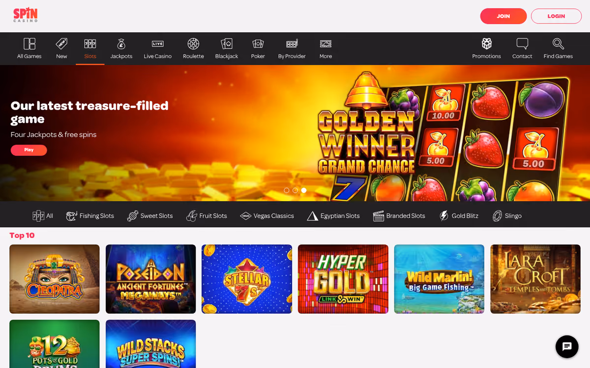 Spin Casino slots lobby showing nine slot sub-categories and the top ten rail