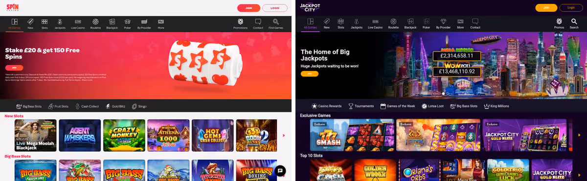 Spin Casino and Jackpot City homepages side by side showing the shared platform navigation