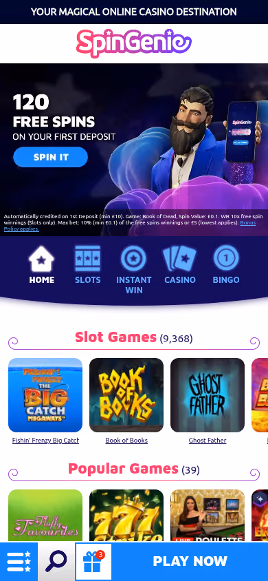 Spin Genie mobile homepage at a 390 by 844 viewport