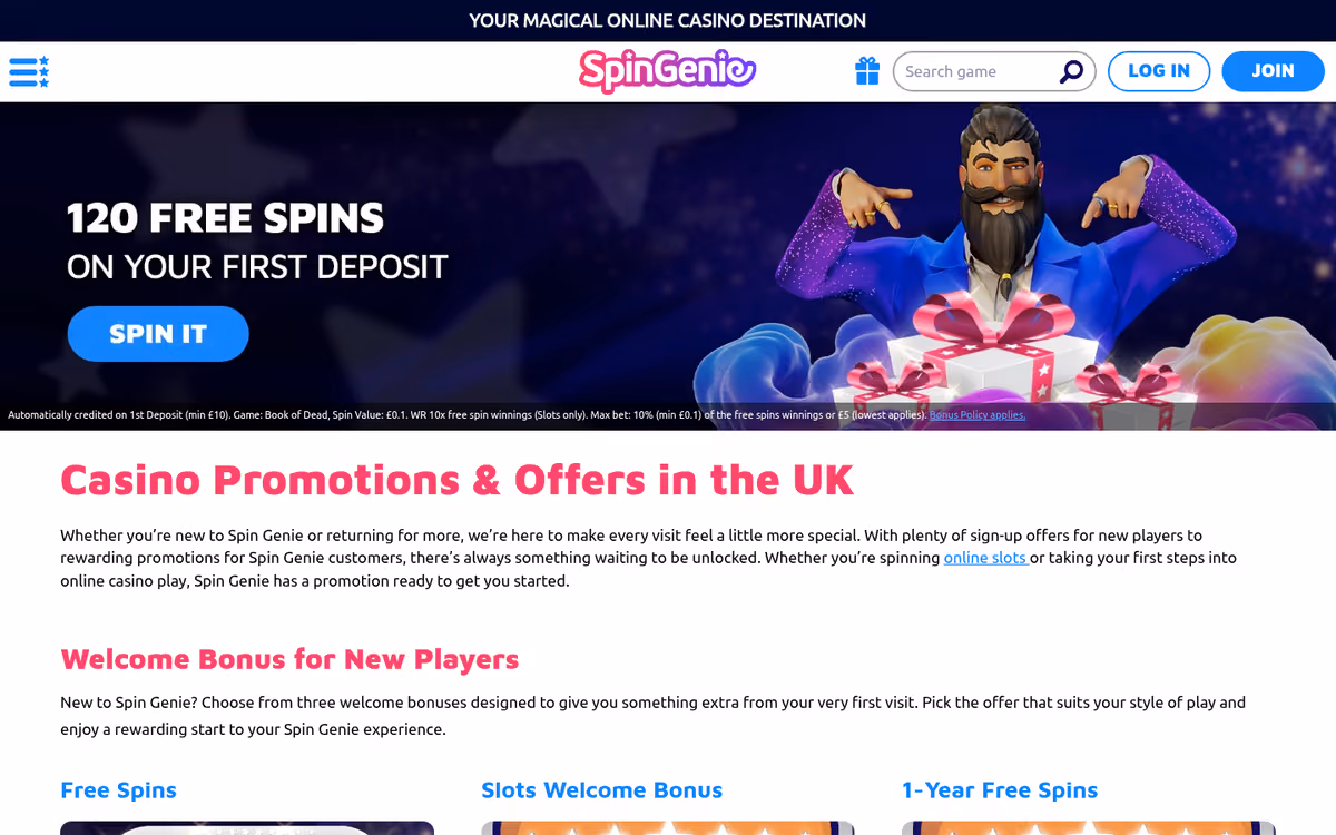 Spin Genie promotions page showing the welcome free spins offer