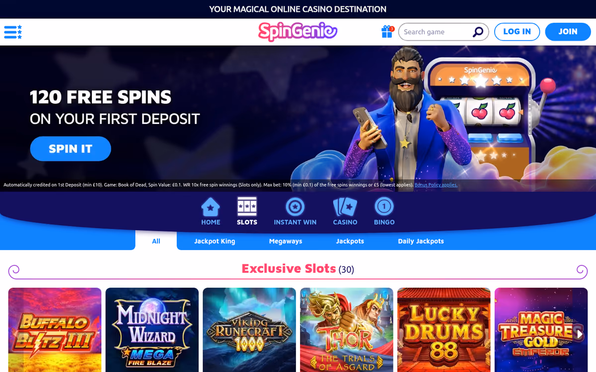 Spin Genie slots lobby showing the games shelf