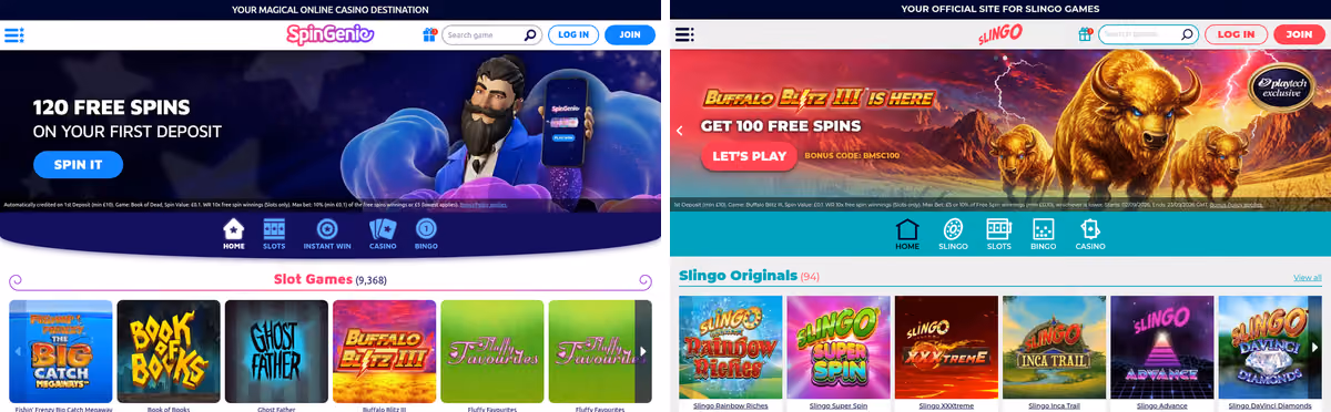 Spin Genie sister sites proof: Spin Genie beside Slingo, two Skill On Net brands sharing a legal template