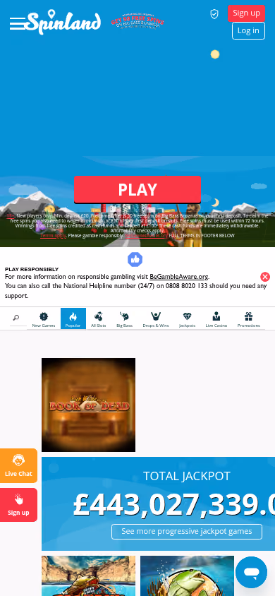 Spinland homepage at mobile width
