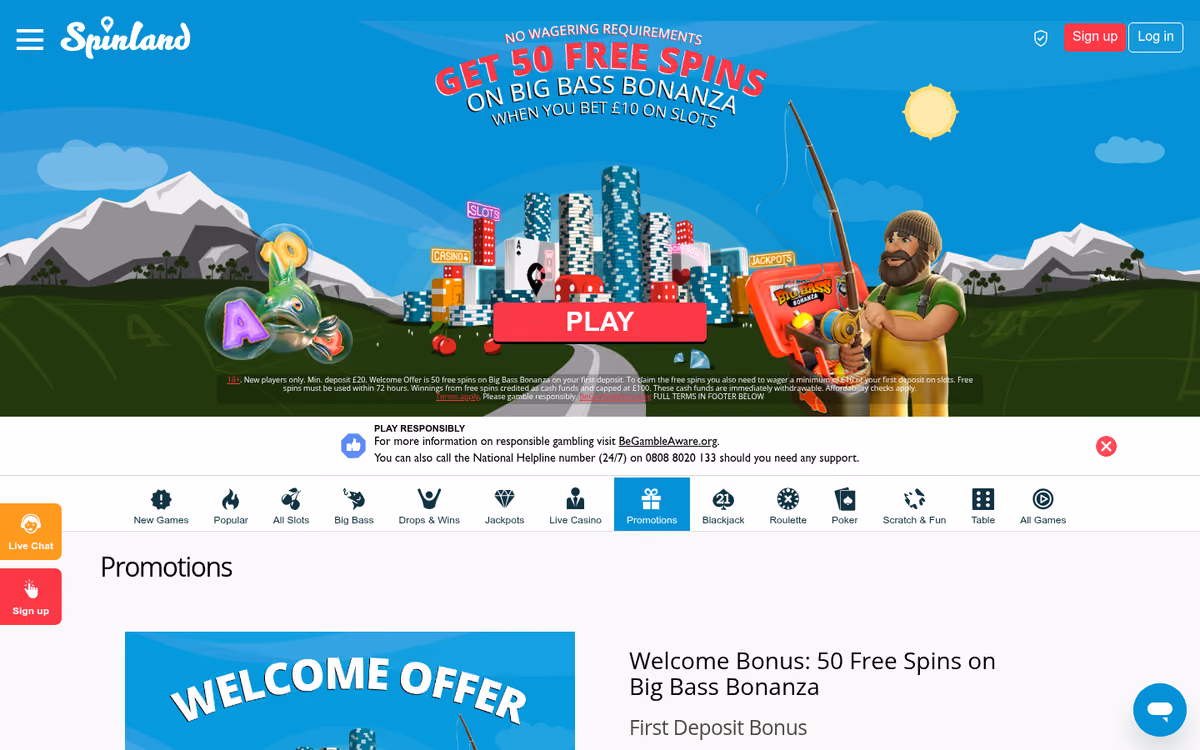 Spinland promotions page repeating the fifty free spins hero above a welcome offer panel