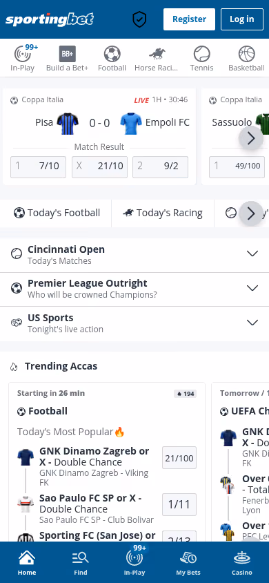 Sportingbet on mobile showing the sportsbook with fractional odds