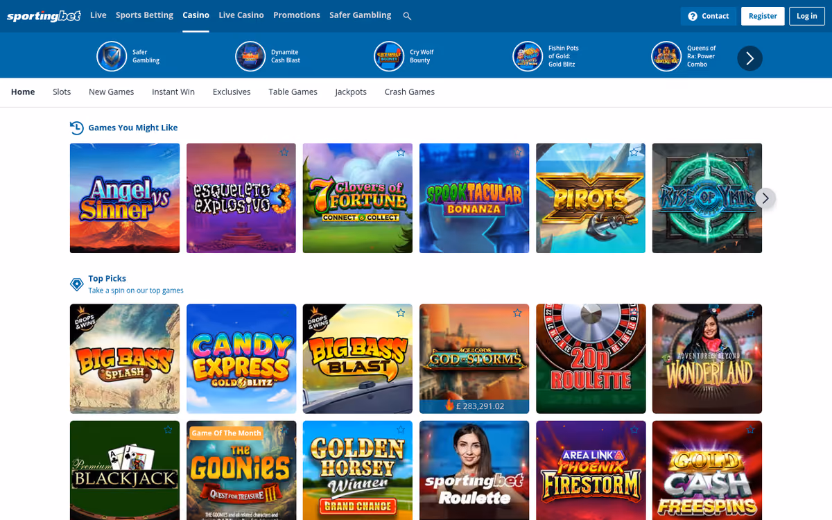 Sportingbet casino lobby showing Crash Games, Jackpots and Exclusives rails with a live Age of Gods jackpot