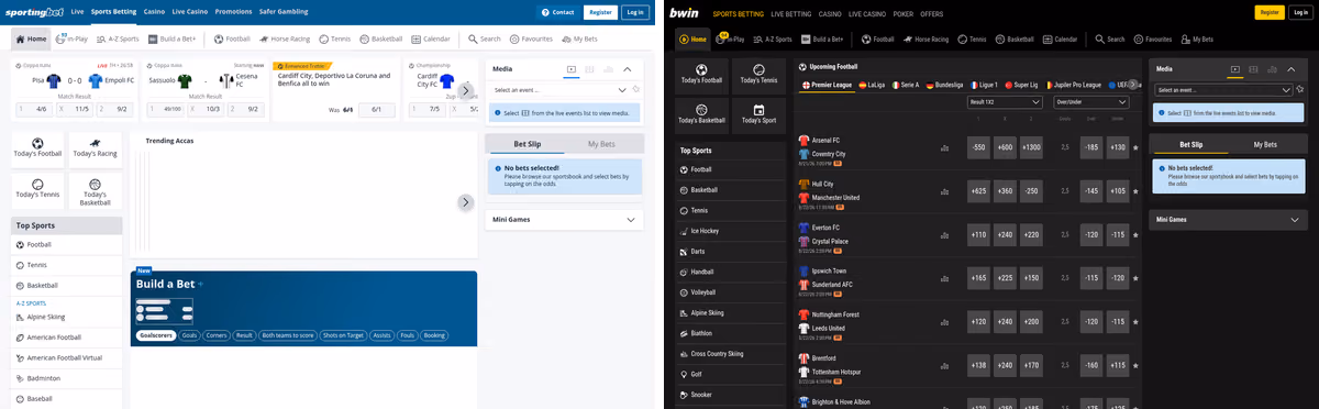 Sportingbet and bwin sportsbooks side by side showing the shared LC International licence