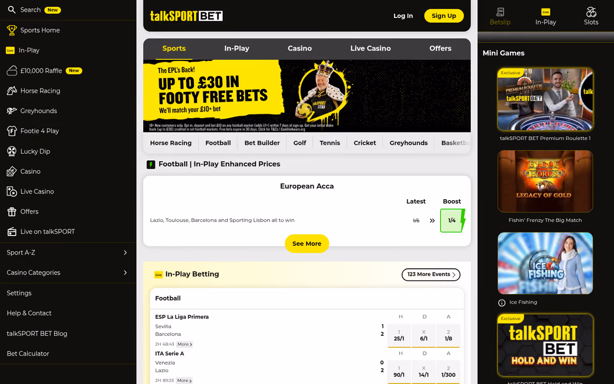 talkSPORT BET sister sites evidence: the talksportbet.com homepage from a UK connection showing the sportsbook