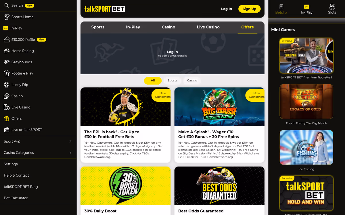 talkSPORT BET offers page showing the football stake-back and casino welcome offers