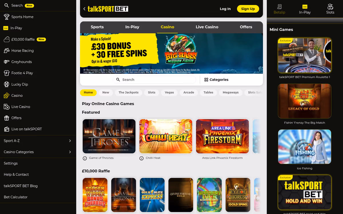 talkSPORT BET casino lobby with slot categories