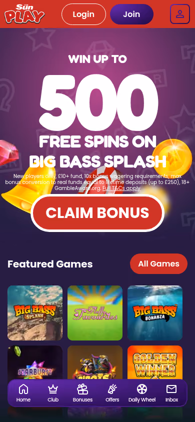 The Sun Play mobile homepage at a 390 by 844 viewport