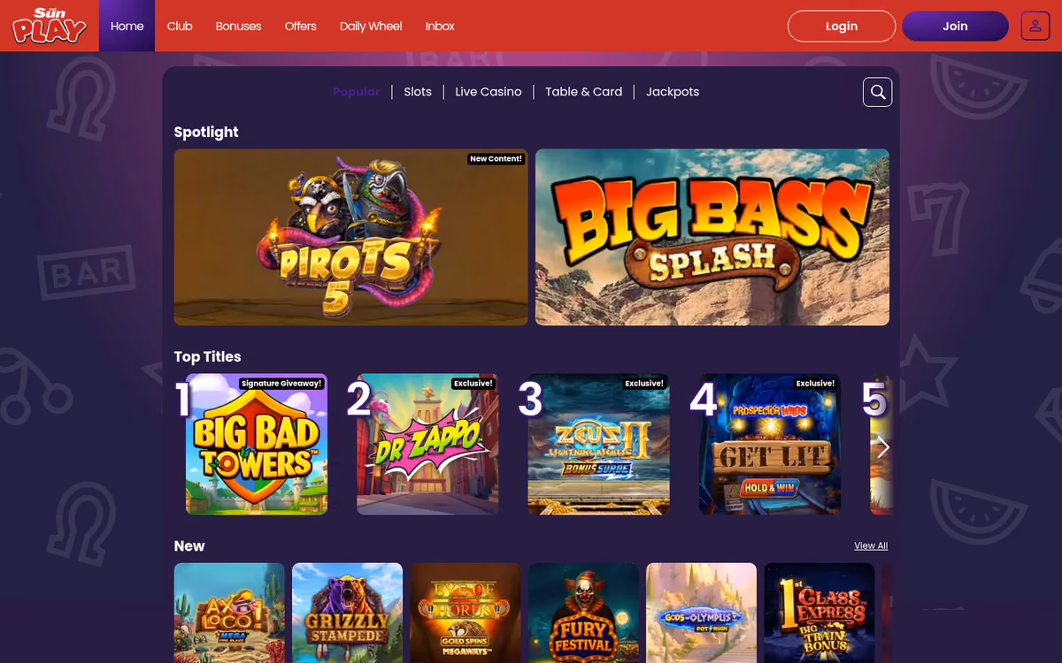 The Sun Play all games lobby showing the slots shelf