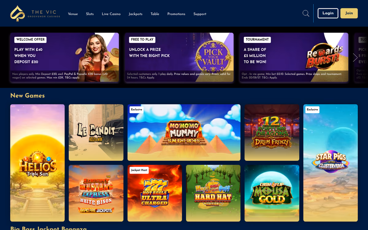 The Vic sister sites evidence: the thevic.com homepage showing the welcome offer and the venue menu item linking the London casino