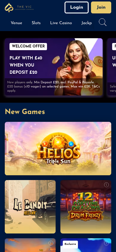 The Vic homepage at mobile width showing the welcome offer and navigation