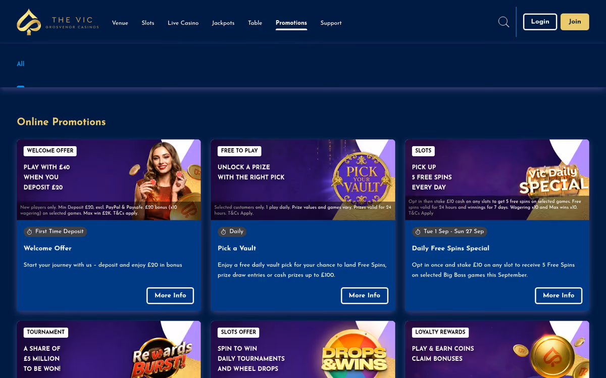 The Vic promotions page showing the welcome offer and its wagering small print