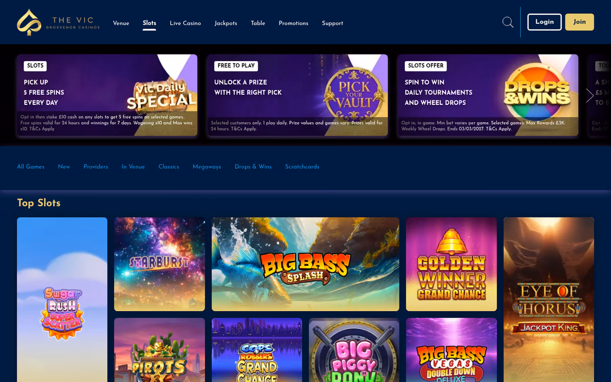 The Vic slots lobby showing jackpot and Megaways titles from NetEnt, Red Tiger and Blueprint