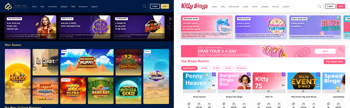 The Vic beside Kitty Bingo, two Rank Interactive brands on one Gambling Commission licence