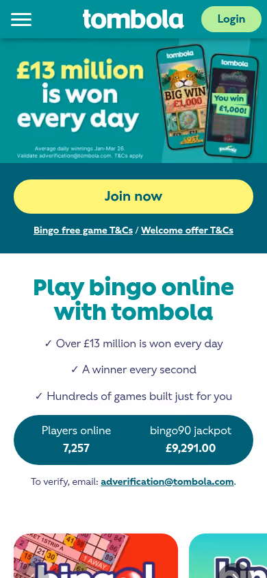 tombola homepage on mobile showing the live jackpot and join prompt