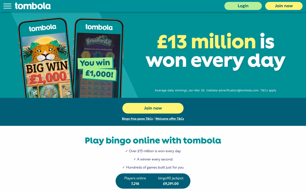 tombola promotions page showing current bingo offers