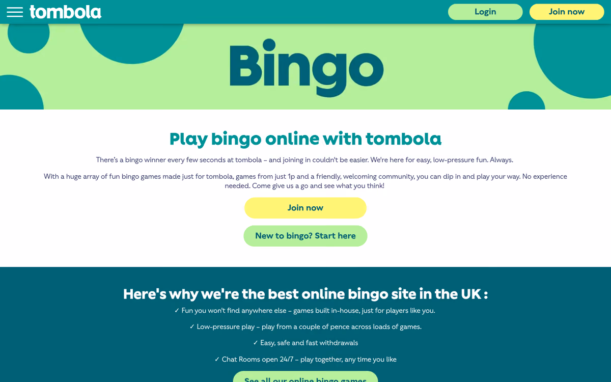 tombola bingo lobby showing its in-house bingo games