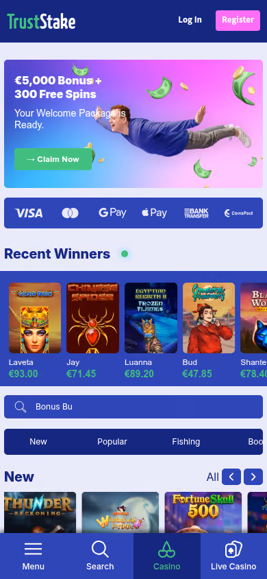 TrustStake mobile homepage with a bottom tab bar reading Menu, Search, Casino and Live Casino