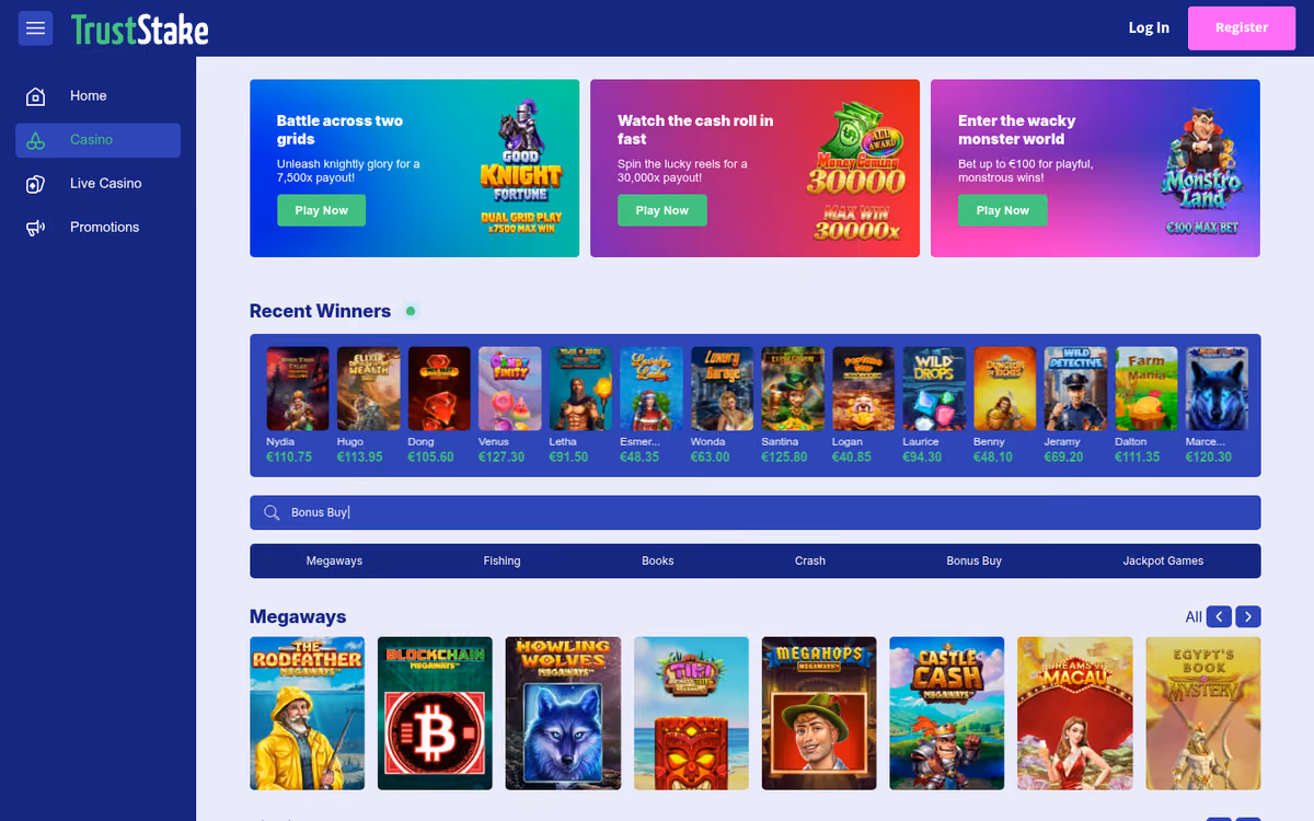 TrustStake casino lobby showing a Megaways rail of eight distinct games