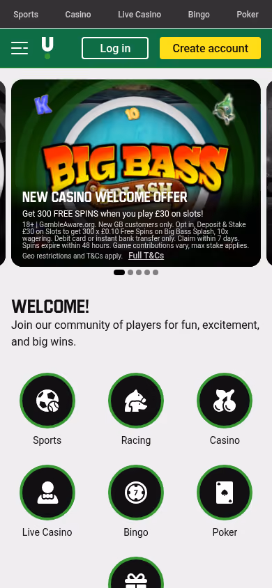 Unibet mobile homepage showing the same welcome offer and vertical selector as desktop