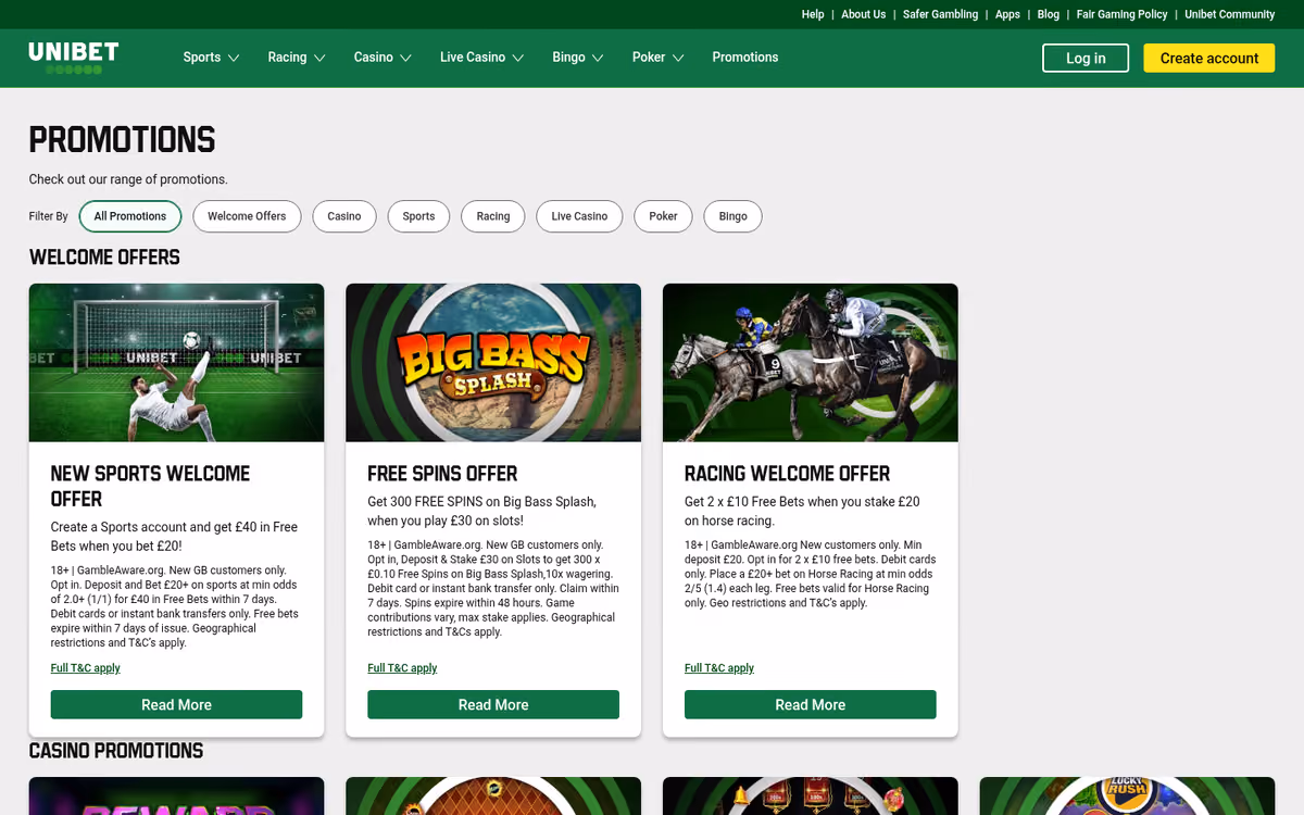 Unibet promotions page showing offers across sport, racing, casino and bingo