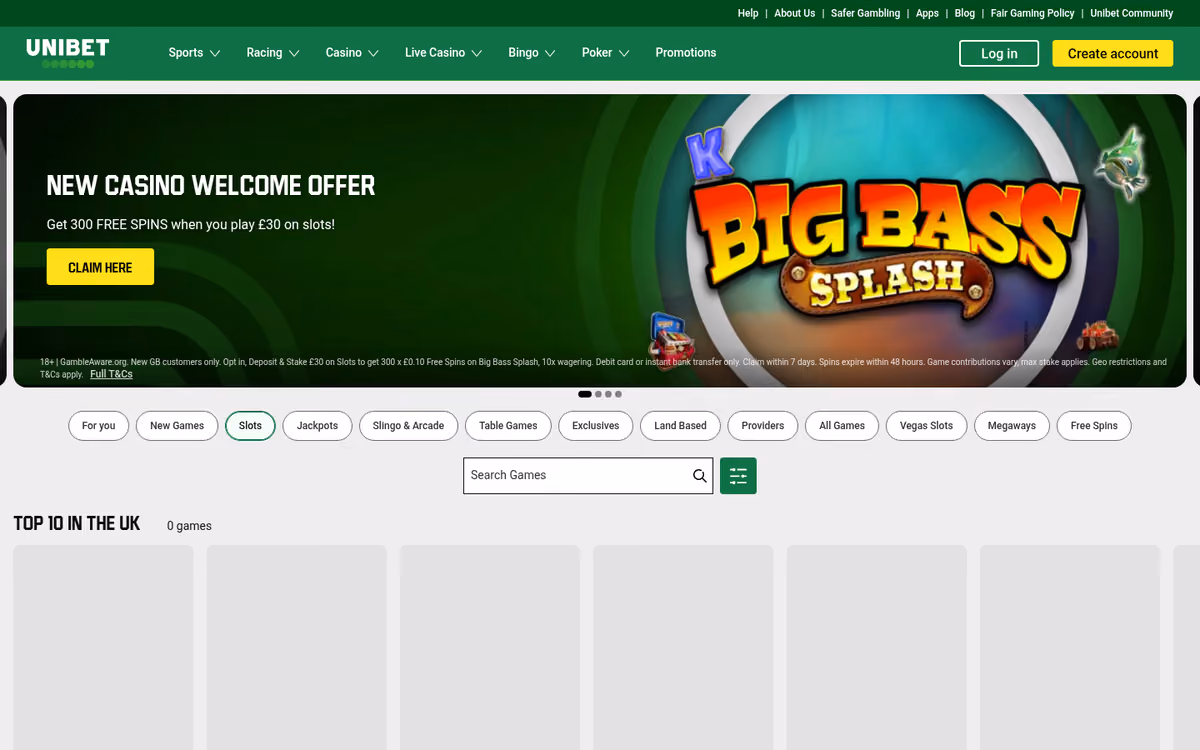 Unibet slots lobby showing thirteen category rails including Megaways, Slingo and Land Based