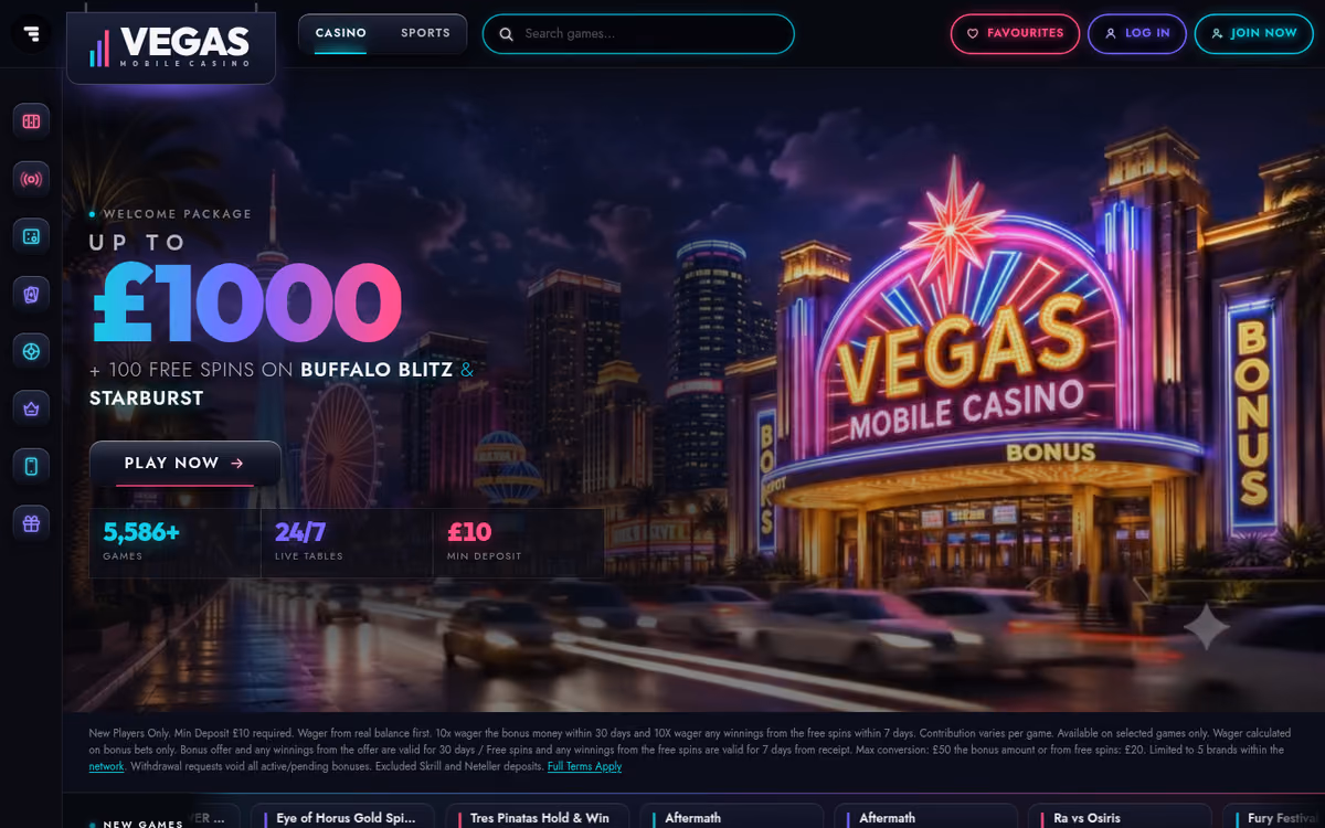 Vegas Mobile Casino sister sites evidence: the homepage showing the up to £1,000 welcome package and the 5,586+ games stats bar