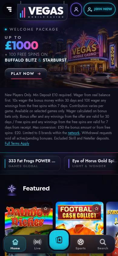 Vegas Mobile Casino mobile homepage at a 390 by 844 viewport