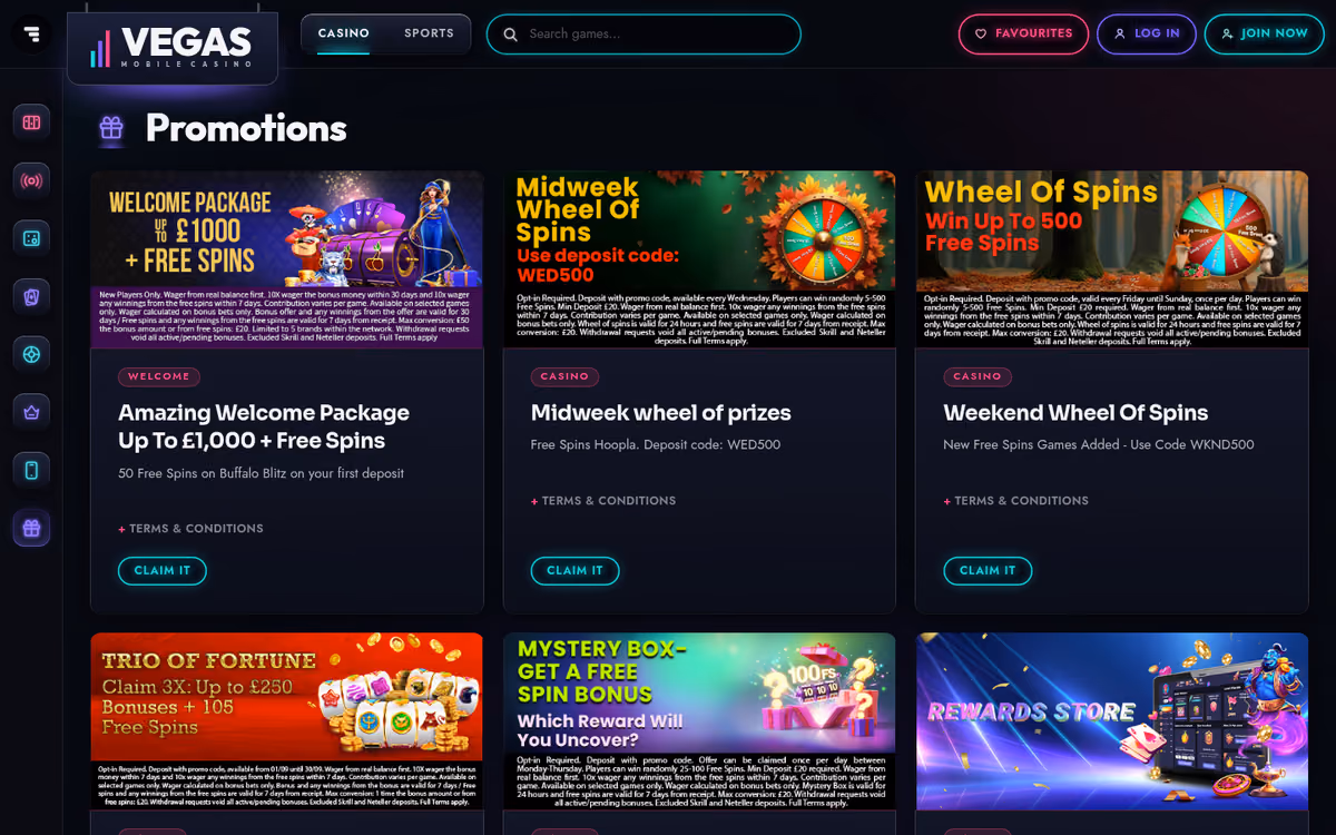 Vegas Mobile Casino promotions page showing the welcome package terms