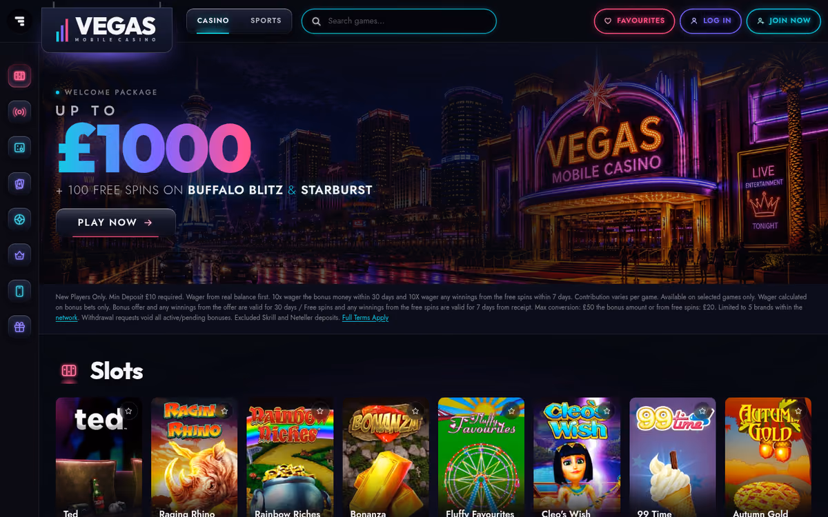 Vegas Mobile Casino online slots lobby showing the new games shelf