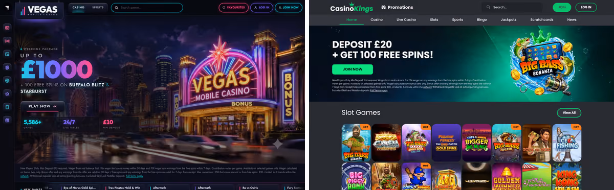 Vegas Mobile Casino sister sites proof: Vegas Mobile beside Casino Kings, two ProgressPlay brands sharing a licence but no design