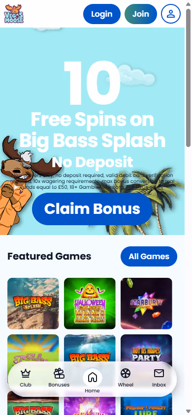 Vegas Moose homepage at mobile width with the ten free spins hero and a floating bottom navigation bar