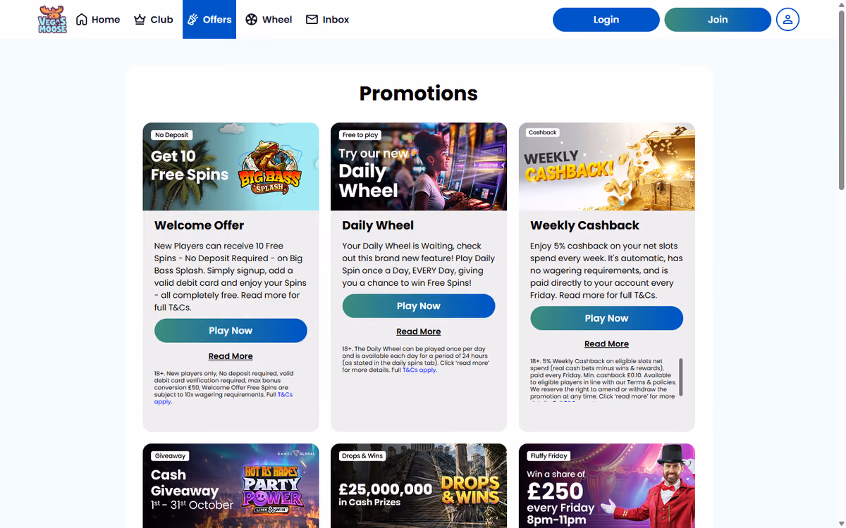 Vegas Moose promotions page showing a grid of six offer tiles beneath the welcome offer