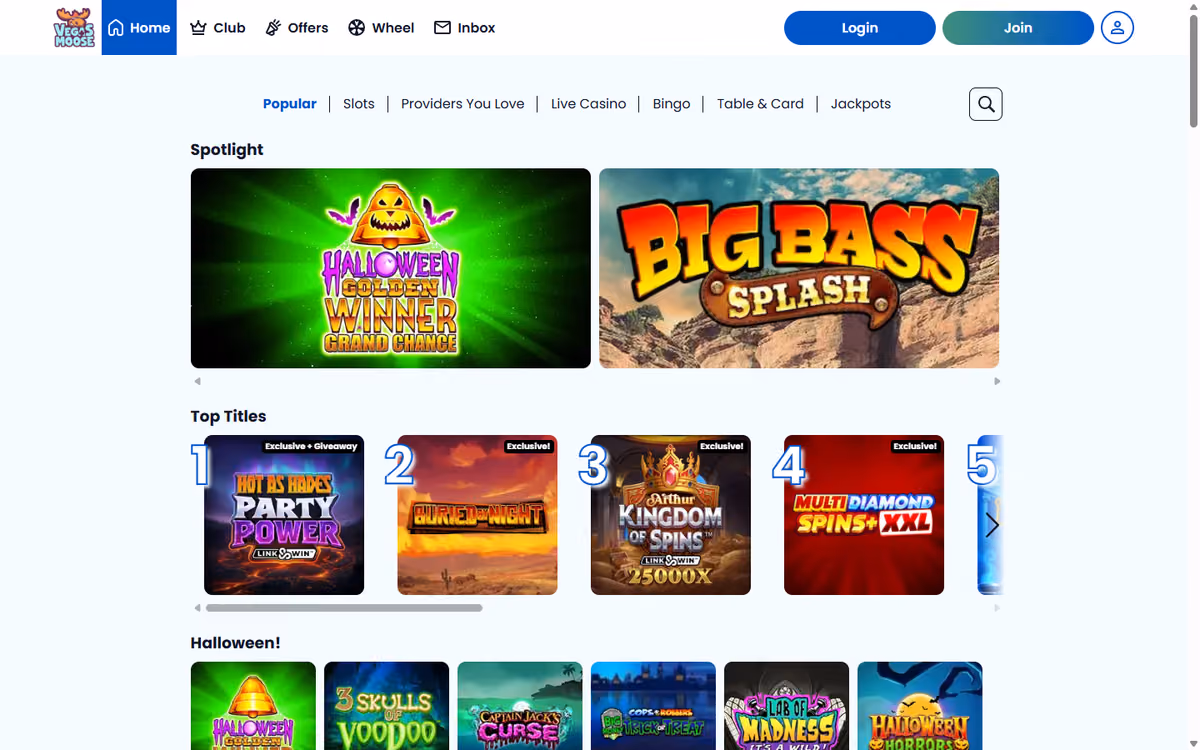 Vegas Moose games lobby with Popular, Slots, Providers You Love, Live Casino, Bingo, Table and Card and Jackpots tabs above a Spotlight row and a numbered Top Titles row