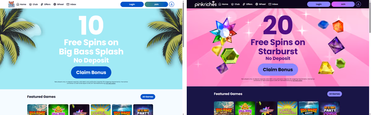 Vegas Moose and Pink Riches homepages side by side, showing identical layouts with different colours and different spin counts