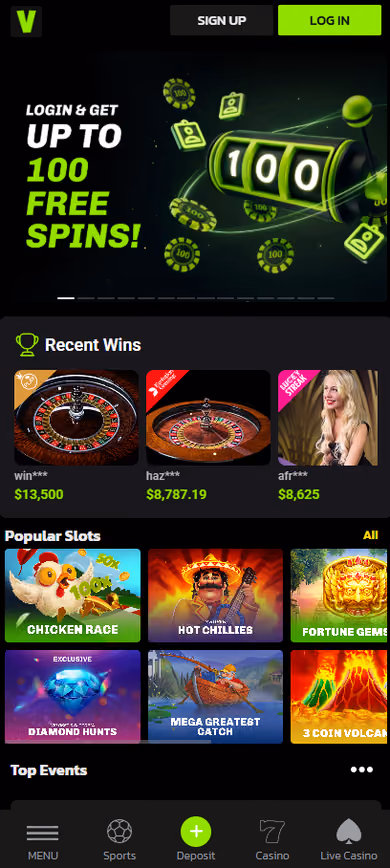 VeloBet mobile homepage showing the login for up to 100 free spins offer above a recent wins ticker and the popular slots rail