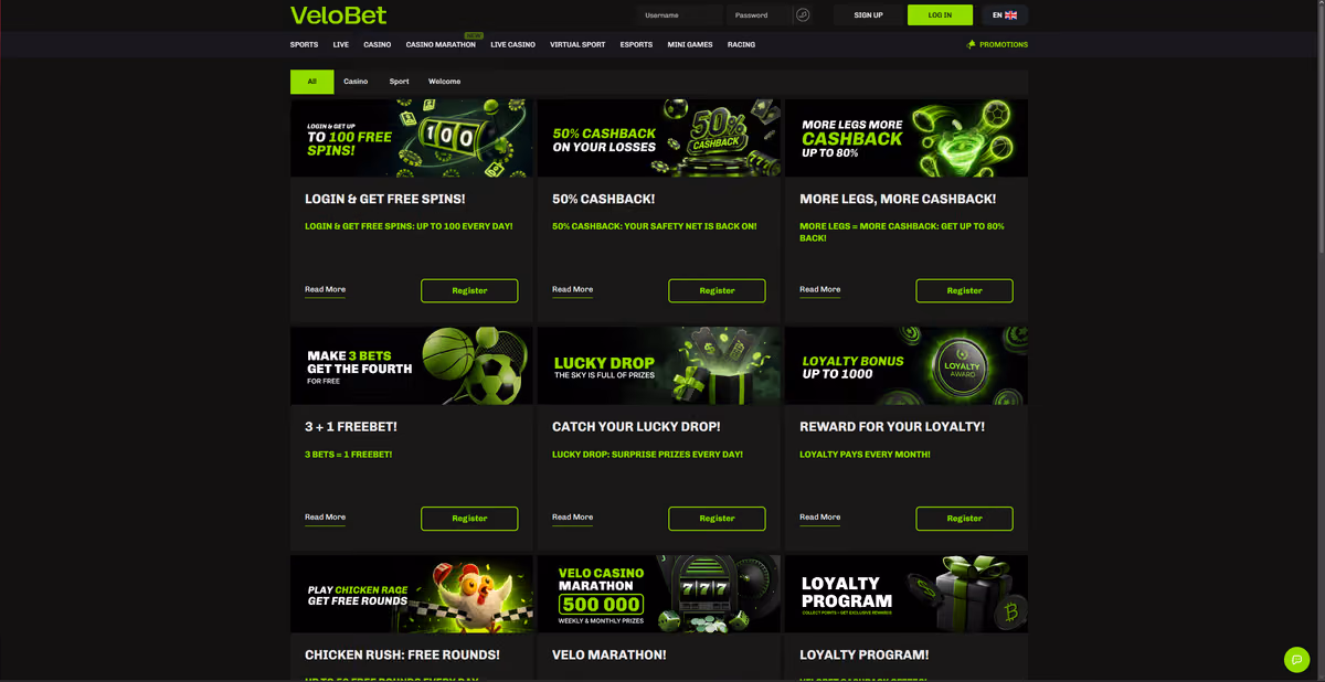 VeloBet promotions page showing daily login free spins, 80% accumulator cashback, Lucky Drop, the loyalty bonus and the Velo Casino Marathon