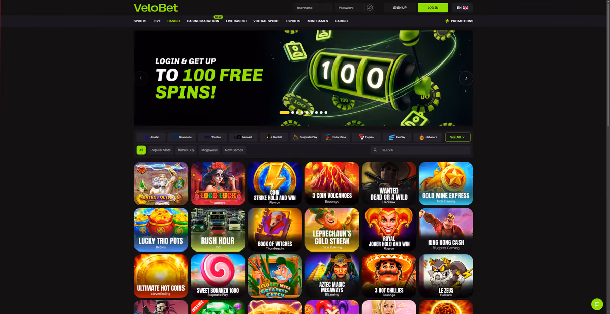 VeloBet casino lobby listing Amatic, Novomatic, Wazdan, Gameart, BetSoft, Pragmatic Play, Endorphina, Fugaso, EvoPlay and Habanero studios