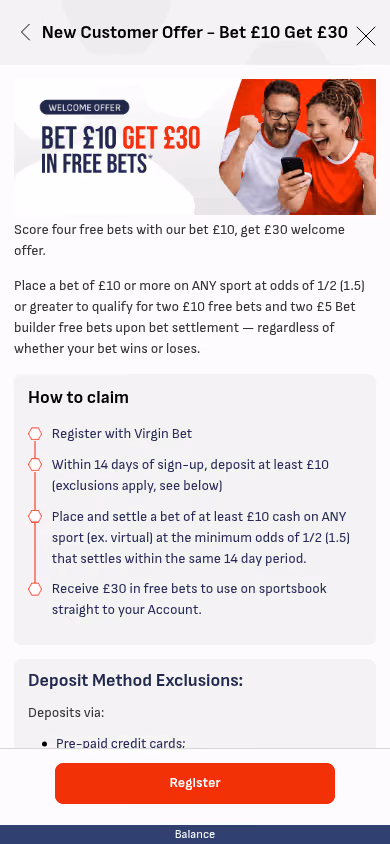Virgin Bet welcome offer on mobile showing the bet £10 get £30 claim steps
