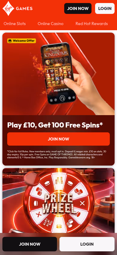 Virgin Games homepage at mobile width