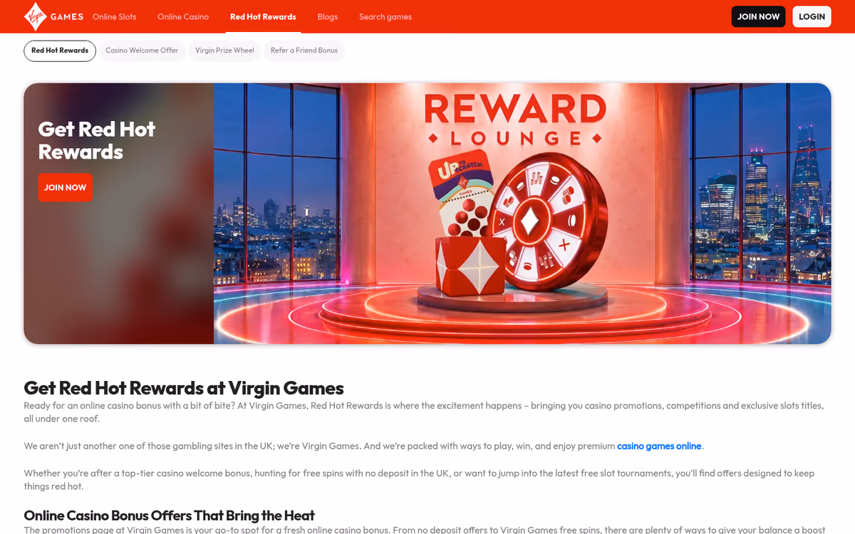 Virgin Games Red Hot Rewards page with the Virgin Prize Wheel