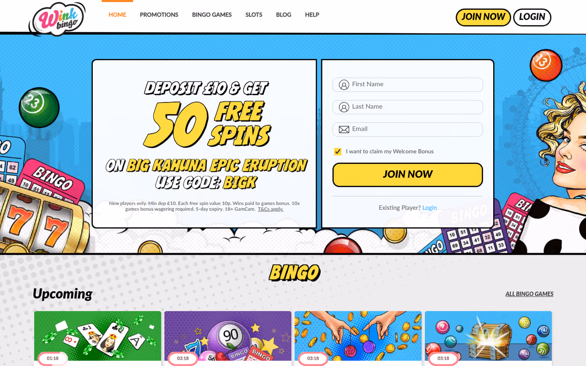 Wink Bingo homepage advertising 50 free spins on a named slot beside a sign-up form, above a row of upcoming bingo rooms
