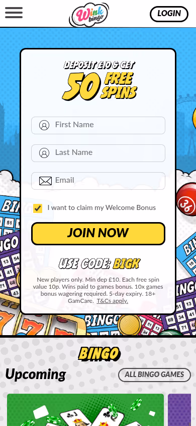 Wink Bingo mobile homepage with the free-spins offer above the sign-up form