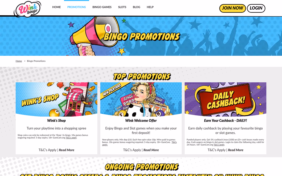 Wink Bingo promotions page listing bingo bonus offers