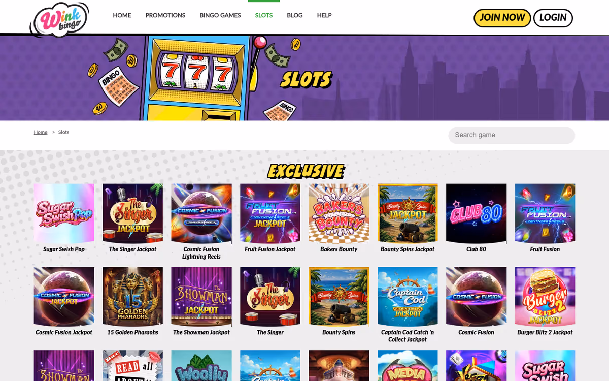 Wink Bingo slots lobby showing game tiles