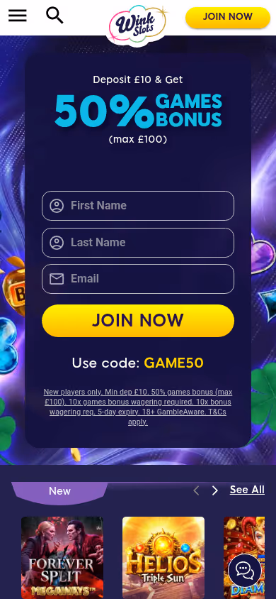 Wink Slots mobile homepage with the games bonus above the sign-up form